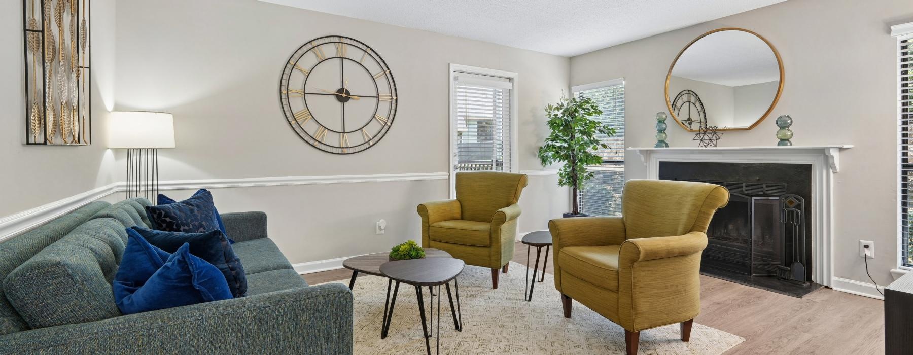 a living room with a fireplace